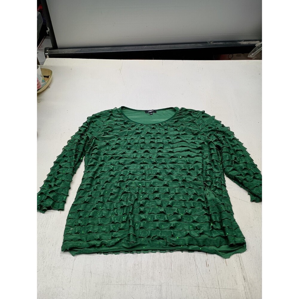 Elementz Green Ruffle Sequin Long Sleeve Top XL Womens Scoop Neck Tiered